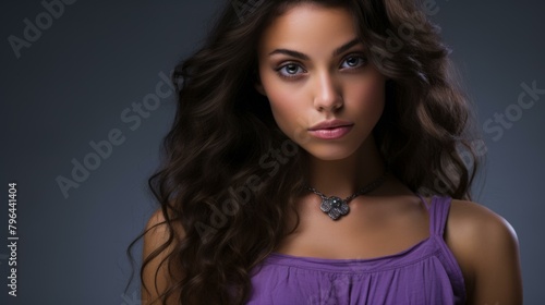 b'portrait of a beautiful young woman with long brown hair wearing a purple dress'