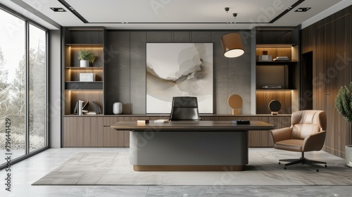 b Modern office interior design with wooden furniture and gray walls 