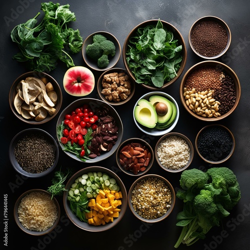 b'A variety of healthy food ingredients are arranged in bowls on a dark background'
