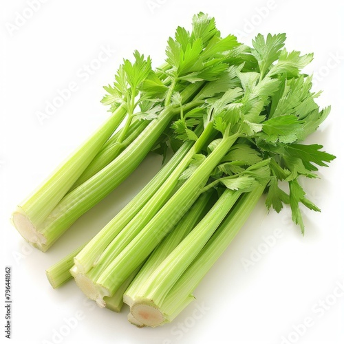 b'Fresh green celery stalks isolated on white background'