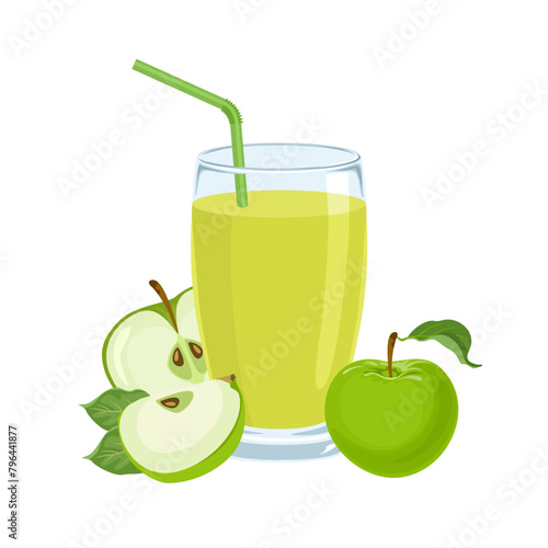 Green apple juice in glass isolated on white background. Fresh fruit drink. Vector cartoon illustration.