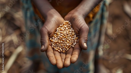 Close-up of a boy's hands, holding a handful of grains with hope.