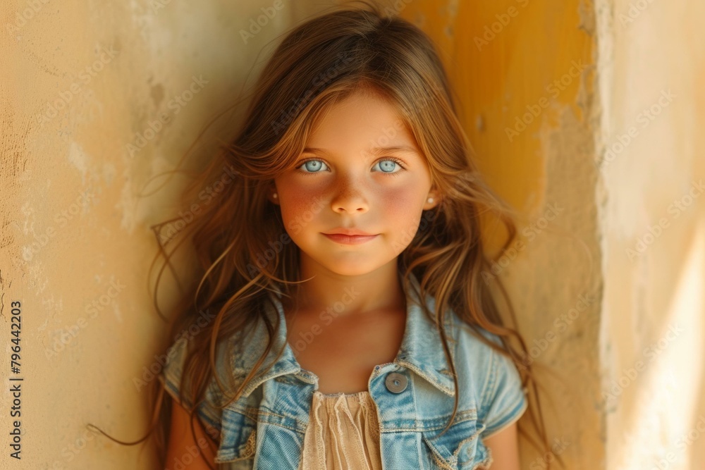 b'Portrait of a beautiful young girl with long brown hair and blue eyes wearing a denim jacket'