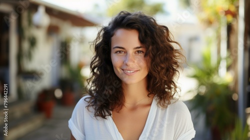 b'portrait of a young woman with curly hair smiling'