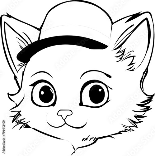 Line art drawing of Kitty in a hat