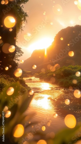 life source, habitat for various species, a flowing river winding through a green valley, rain shower, photography, silhouette lighting, Lens Flare effect, Fish-eye lens view