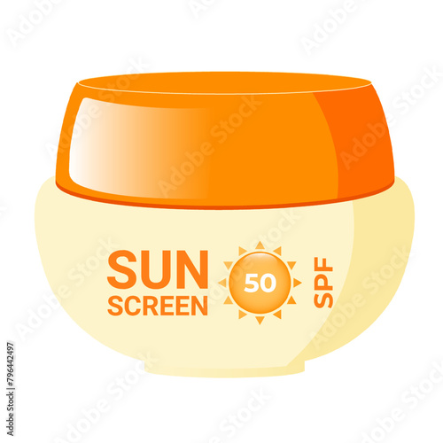 Sunscreen cream. Cosmetic product with SPF for skin care for sun protection. Isolated vector illustration