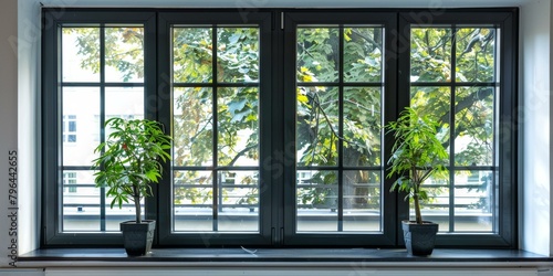 Black framed windows with plants on the windowsill