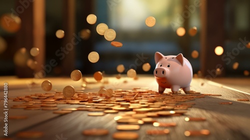 b'3D rendering of a pink piggy bank with coins falling around it' photo