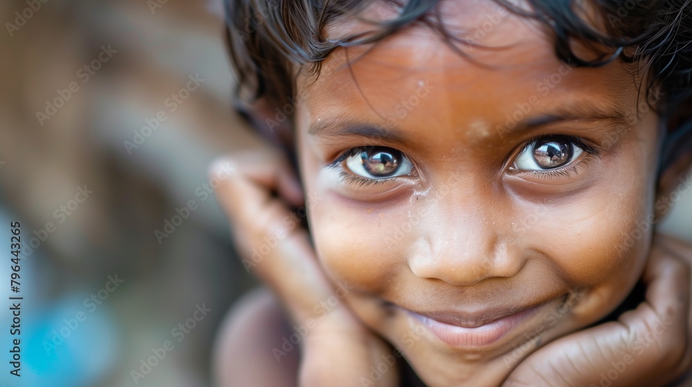 Close-up of a child's face, with a shy smile despite the hardship. Close-up of a child's face, with a shy smile despite the hardship.