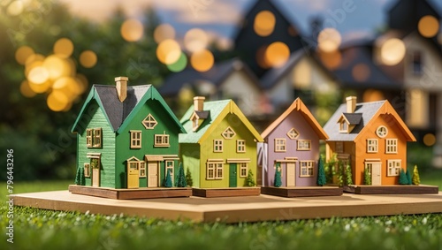 A group of colorful toy houses are arranged in a row on a grassy field. The houses are mostly green, with one brown house and one yellow house. The houses have different styles and shapes.