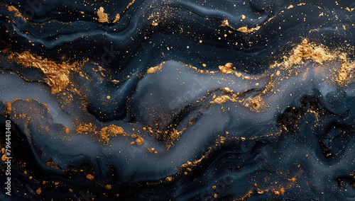 Abstract Blue Black and Gold marble background, fluid shapes,