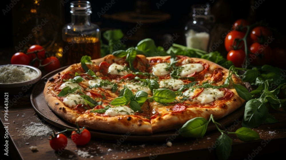 b'A delicious pizza with pepperoni, mozzarella cheese, and basil.'