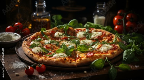 b'A delicious pizza with pepperoni, mozzarella cheese, and basil.'