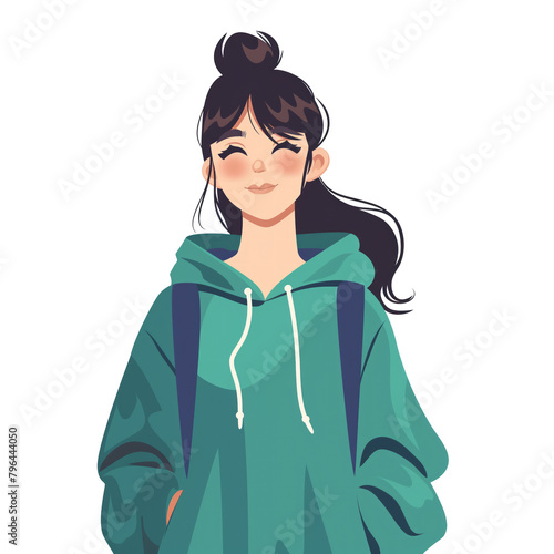 Content teen girl in green hoodie with backpack © Lenuccia