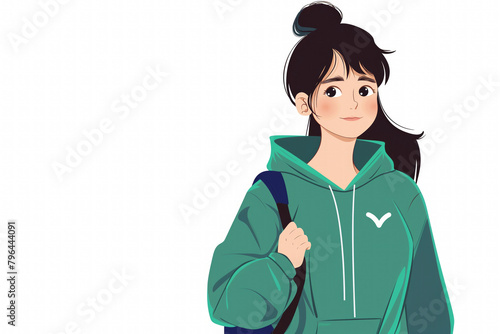 Teen girl ready for school in green hoodie with backpack © Lenuccia