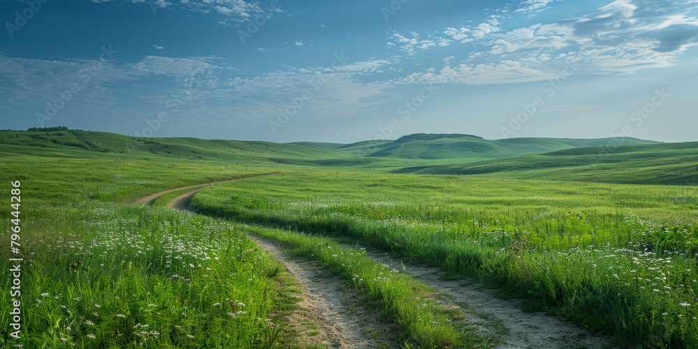 b'Dirt road through a green hilly field'