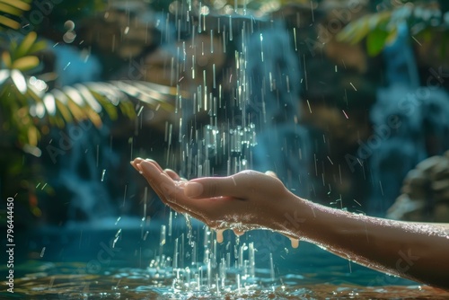 A person's hand is holding a handful of water from a waterfall photo