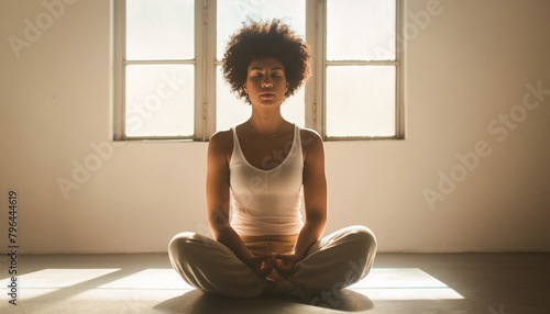 Jeune fille noire faisant des exercices de relaxation et de méditation en posture de yoga zen photo