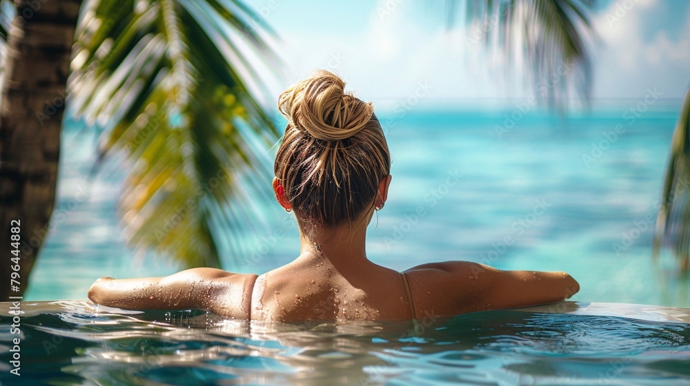 woman in pool on summer vacation woman in pool on summer vacation