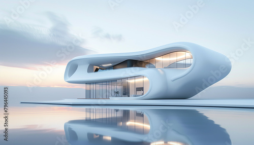 Projet de très belle maison d'architecte blanche moderne et futuriste au bord de la mer dans un esprit zen