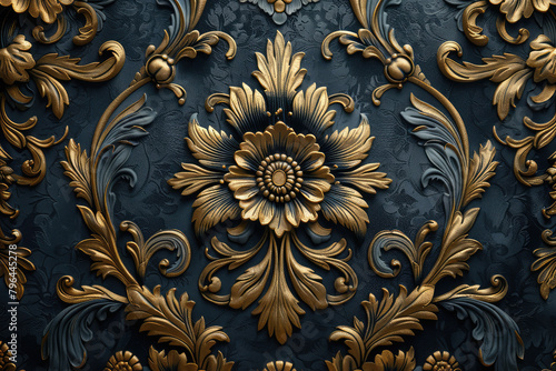 An elegant dark blue and gold damask pattern with floral motifs, showcasing the intricate details of the design. Created with Ai