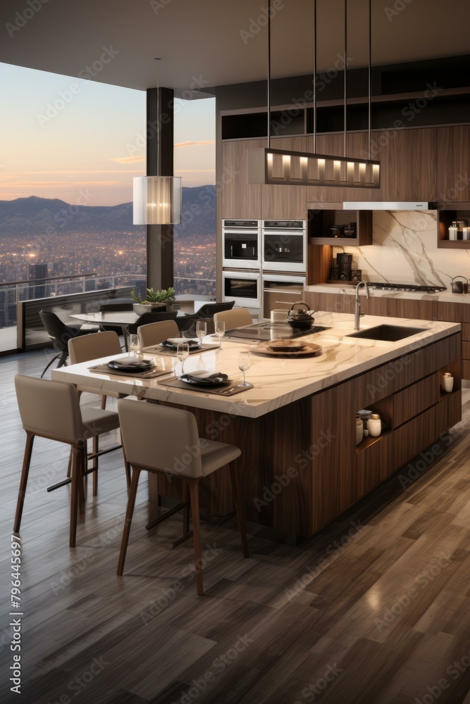 b'Walnut Kitchen With Island and Skyline View' b'Walnut Kitchen With Island and Skyline View'