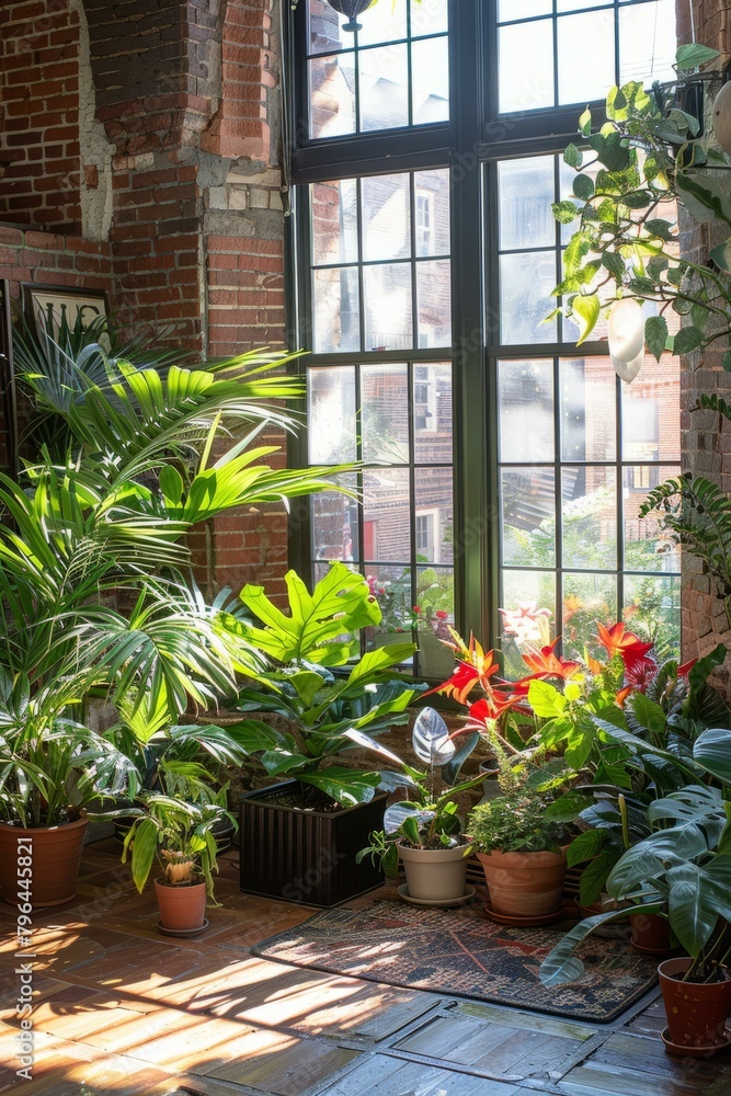 b'Indoor plants in front of a large window'