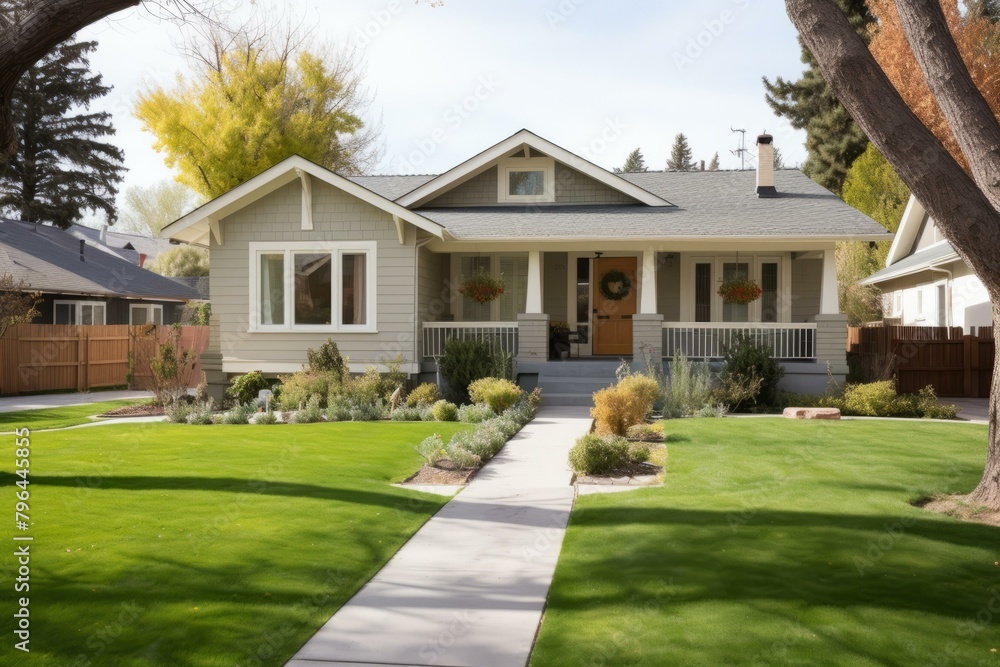 b'Craftsman-Style Bungalow with a Front Porch and a Landscaped Garden'