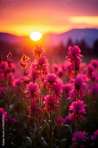 b'Field of pink flowers with a sunset in the background'
