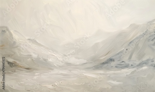 abstract oil painting using a palette knife depicting a winter mountain scene with white columns covered in dense fog and tones of grayish-beige