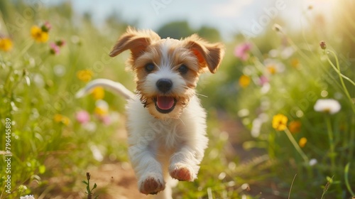 b'A cute puppy running in a field of flowers'