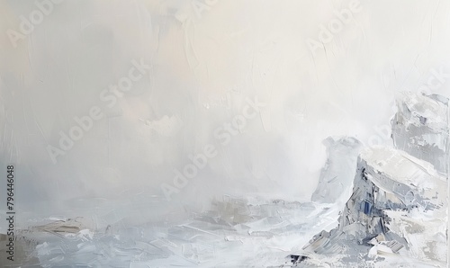 abstract oil painting using a palette knife depicting a winter mountain scene with white columns covered in dense fog and tones of grayish-beige