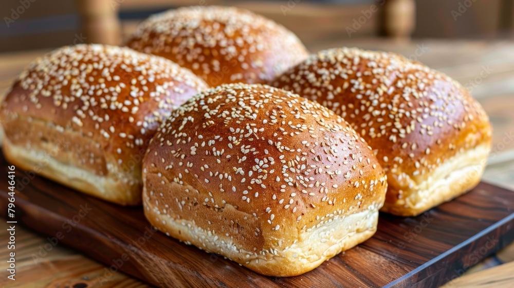 Four hamburger buns with sesame seeds on a wooden table