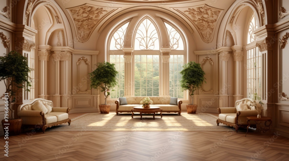 b'Ornate and spacious living room with large windows'
