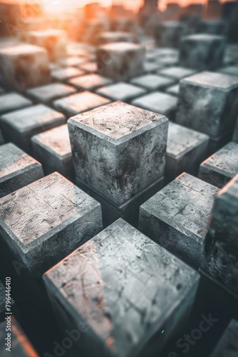b'Gray concrete cubes of different heights under warm sunlight.'