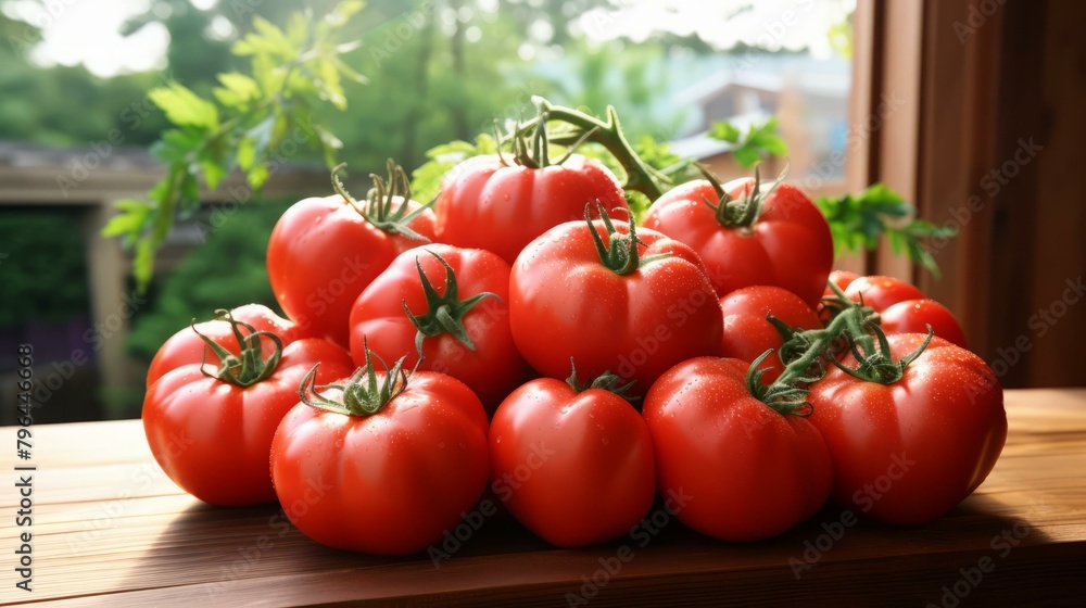 b'A close-up image of a pile of ripe red tomatoes on a wooden table'