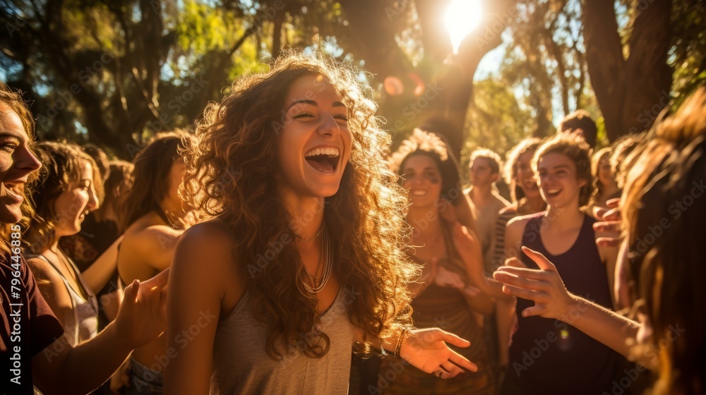 b'Laughing woman with friends in the woods' b'Laughing woman with friends in the woods'