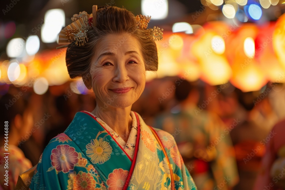 b'Portrait of a smiling elderly Japanese woman in traditional kimono at a summer festival'