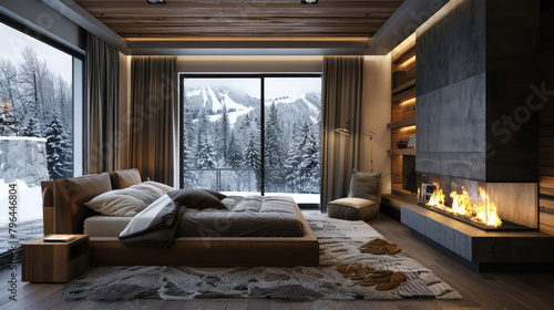 Interior of a modern bedroom with a fireplace, large panoramic windows and views of the winter snow-capped mountains