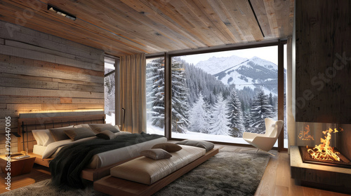 Interior of a modern house with a fireplace, large windows and a view of the winter snow-capped mountains © Александр Довянский