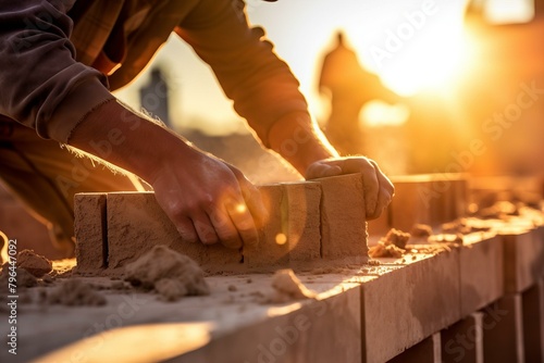b'Construction workers laying bricks on a building site' photo