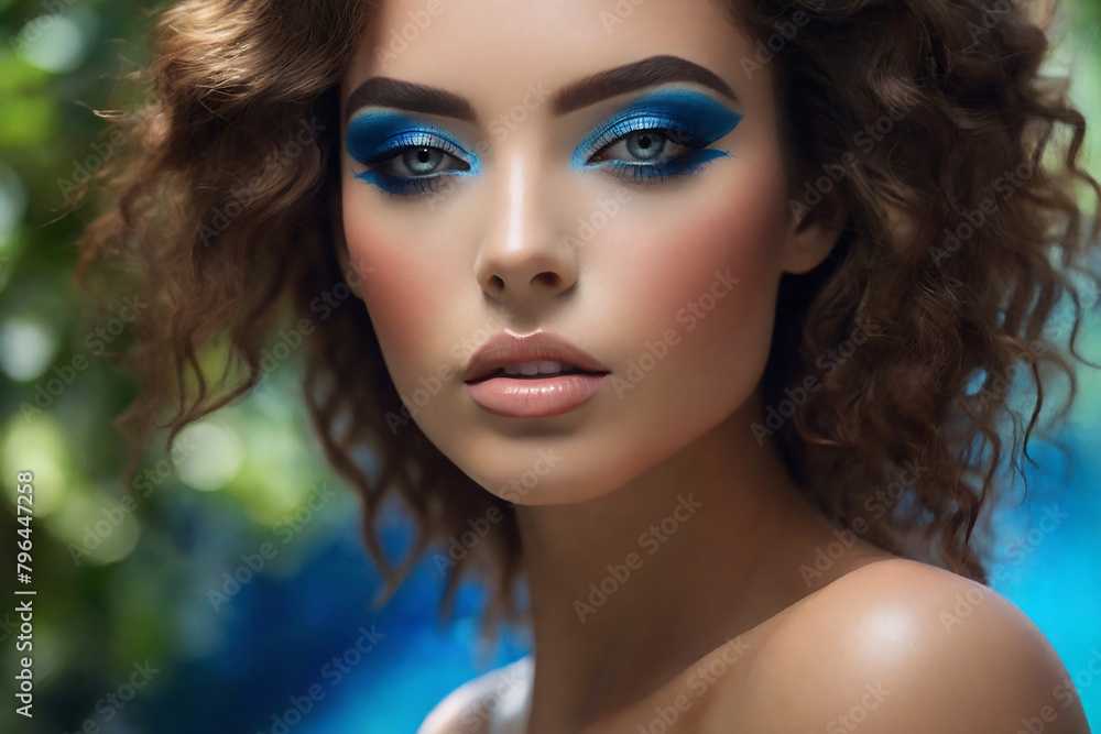 Close-up portrait of beautiful young woman with blue make-up