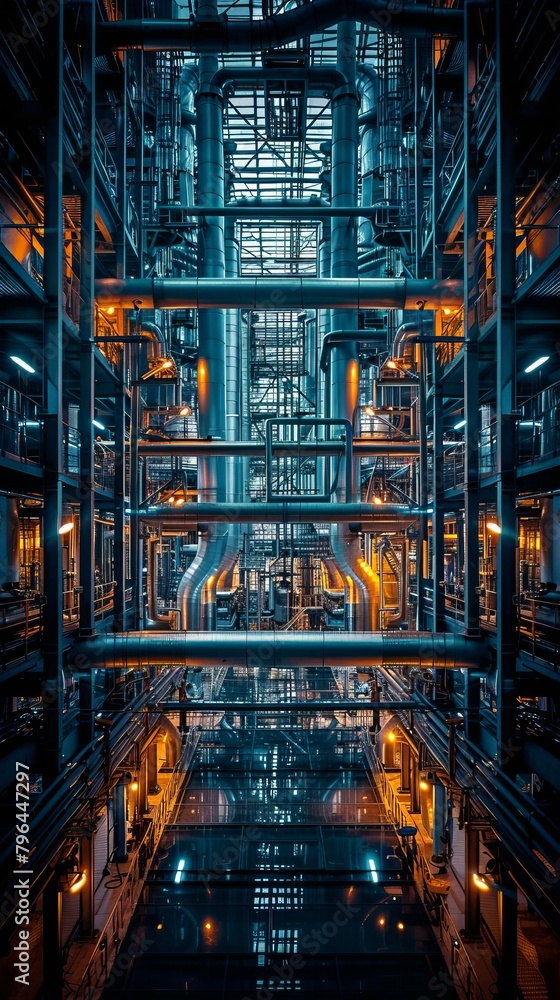 b'The intricate network of pipes and catwalks in an industrial building'