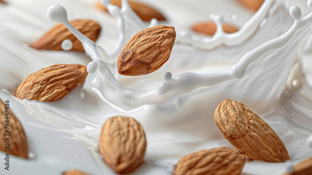 almonds floating in a splash of milk on a white background, almond milk ...