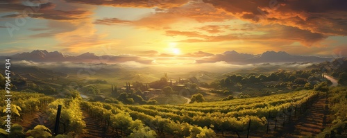 A beautiful sunset over a valley of vineyards