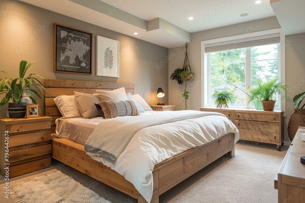 b'A cozy and inviting master bedroom with a rustic, modern design'