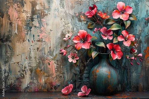 An abstract painting, with a metal element, textured background, and flowers, plants, and flowers on a vase