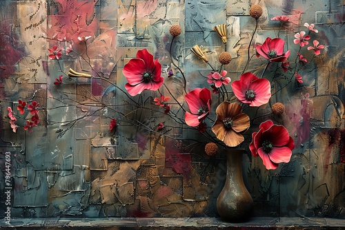 An abstract painting, with a metal element, textured background, and flowers, plants, and flowers on a vase