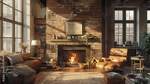 A cozy fireplace, adorned with crackling logs, creating a warm ambiance in a modern urban loft with sleek furnishings. 